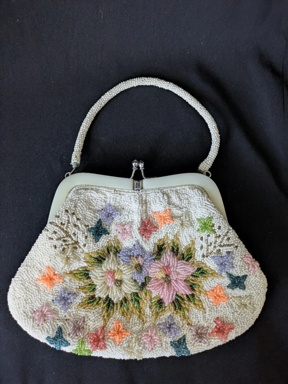 Beaded Floral Evening Handbag - Cream with Pastel Flowers Vintage